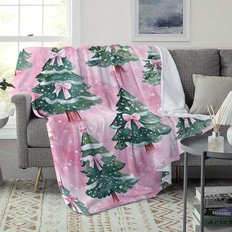 Christmas Tree Pink Flannel Throw Blanket – Soft, Cozy, Knitted Polyester Throws for Sofa, Bed, Travel – Digital Print, Lightwei