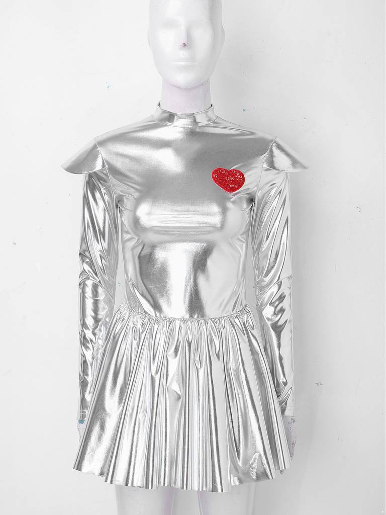 Women Stage Performance Dress Mock Neck Long Sleeve Shoulder Boards Sequin Hearts Metallic Tulle Lining Back Invisible Zipper for Halloween Party