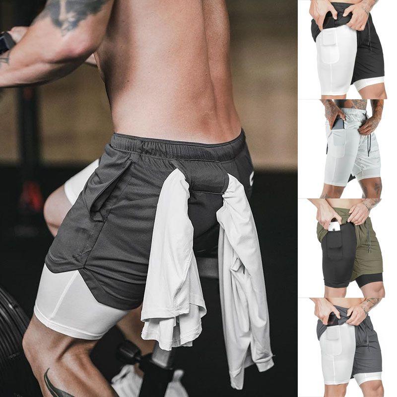 Men's Camo Running Double-deck Stretchy Quick Dry Gym Shorts With Secure Phone Bag