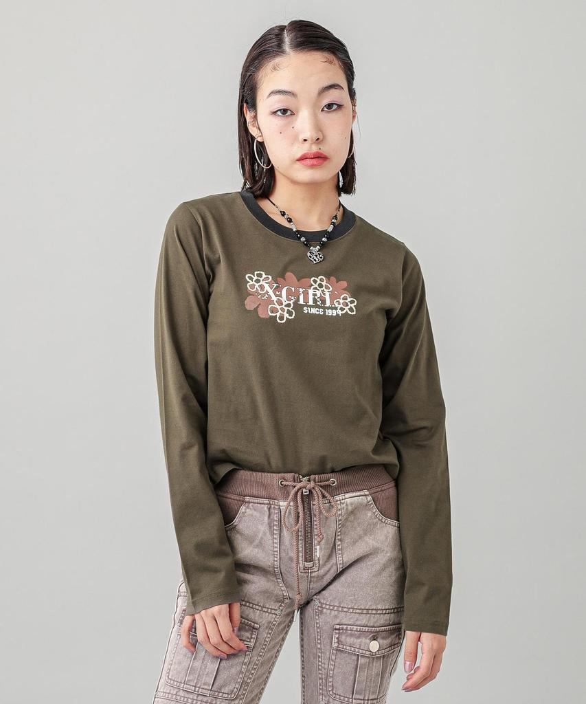Casual PIXEL FLOWER LOGO BABY TEE OLIVE X-girl L/S