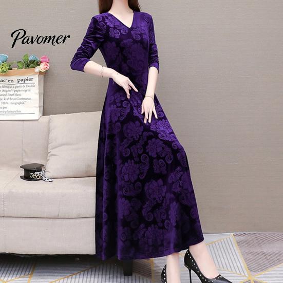 Long Dress V Neck Sleeves Waist Tight A-Line Unique Pattern Women Spring Autumn Pleated Loose Hem Solid Color Velvet Maxi Party