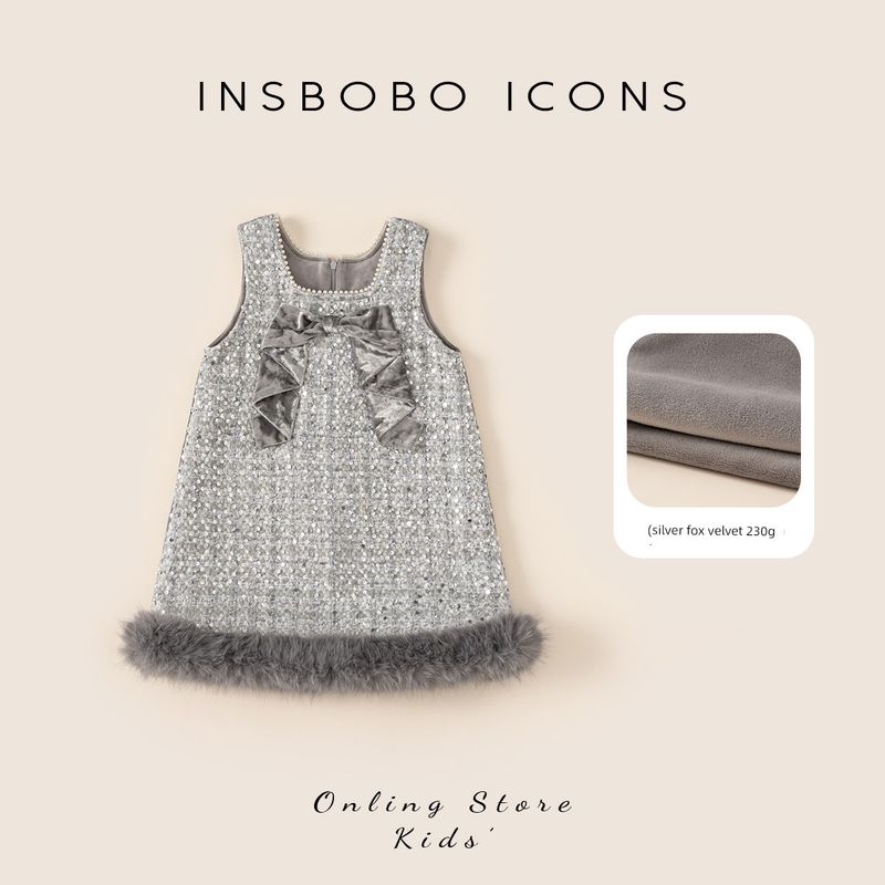 Insbobo Girls  Dress 2025 Winter New Thickened Children s Dress Princess Dress Girls  Beautiful Winter Clothing Gray 160