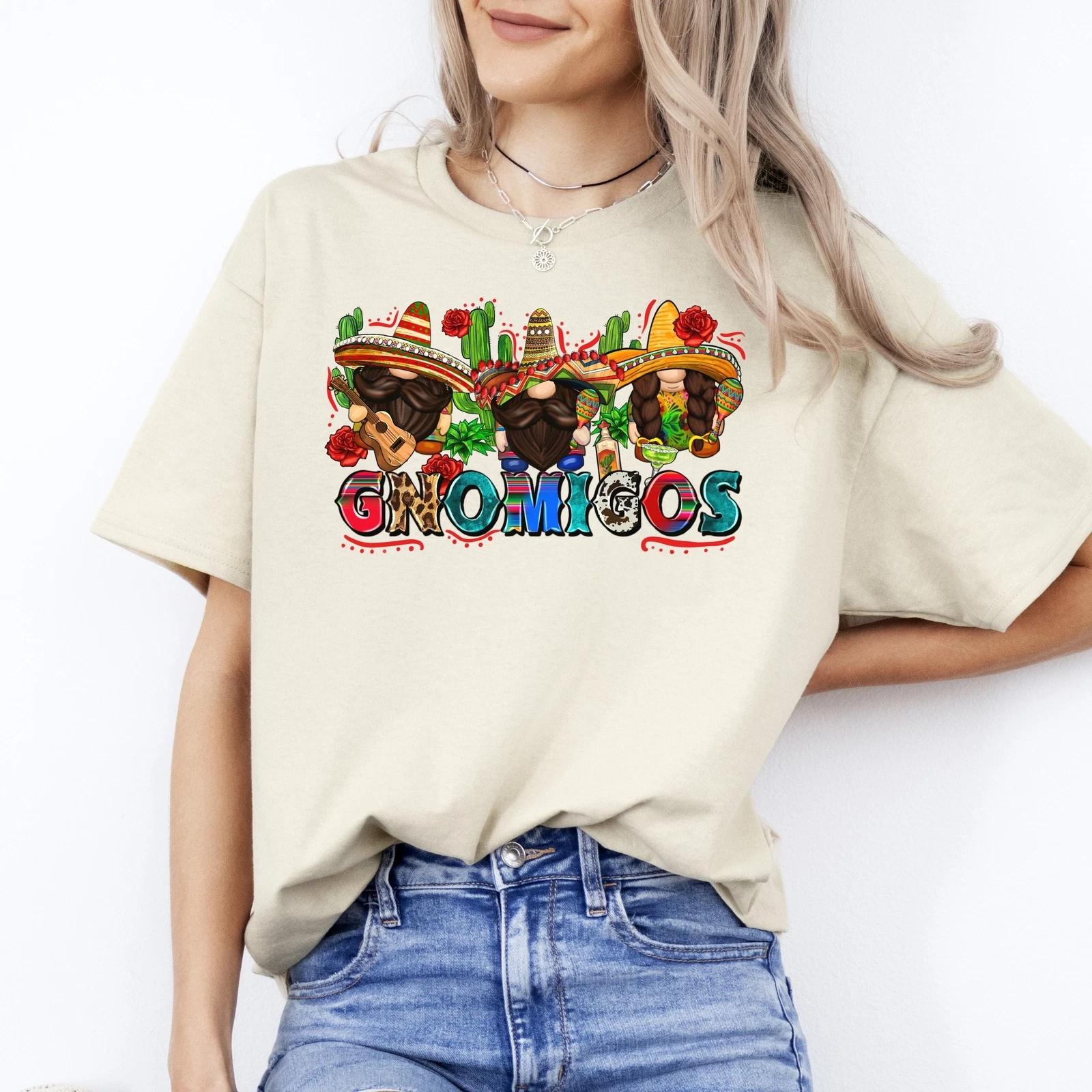 Gnomigos T-Shirt gift Three Mexican Gnomes Cinco de mayo Unisex tee Sand White S S