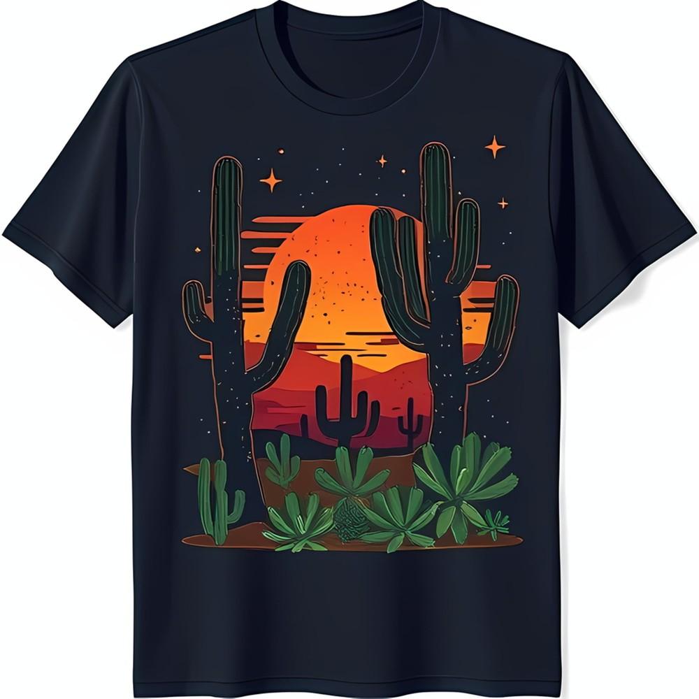 Minimalist Desert Sunset Tshirt With Cactus Black Tee S