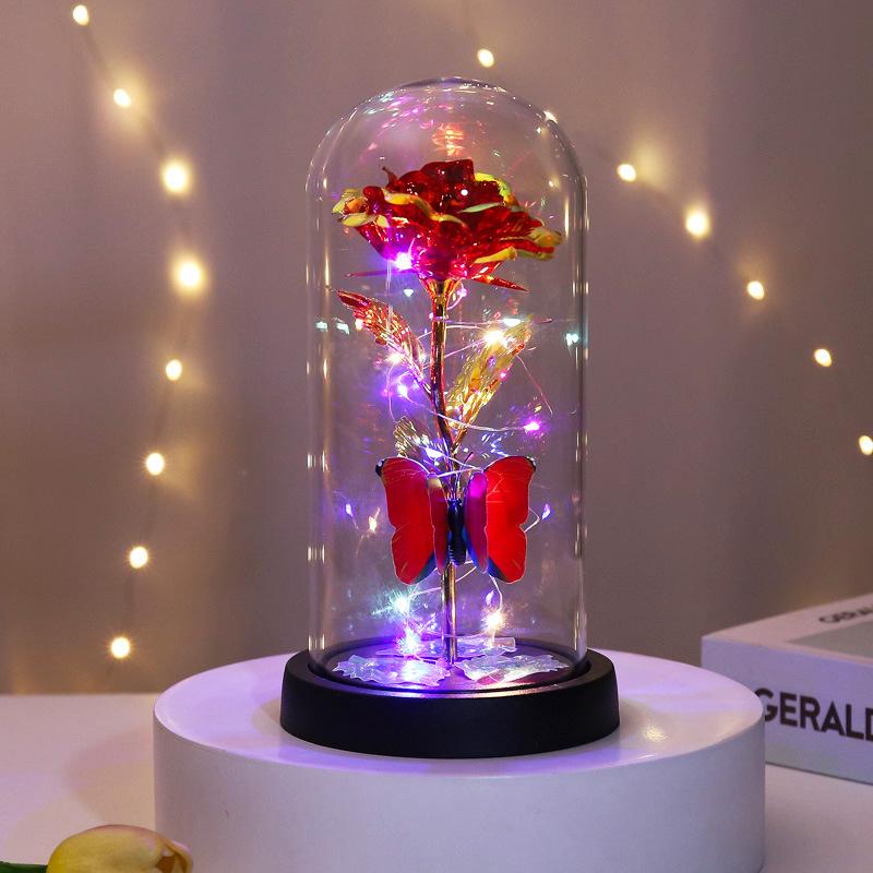 Glass Cover Rose Immortality Flower with Lamp Qixi Valentine's Day Gift Creative Decoration Decorations