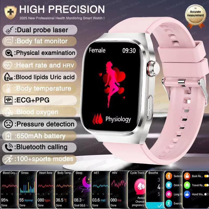 2025 New High-end Laser Detection Health HD Smart Watch Men ECG+PPG Precise BP Fat Uric Acid Call Sports Pulse Tracking Watche
