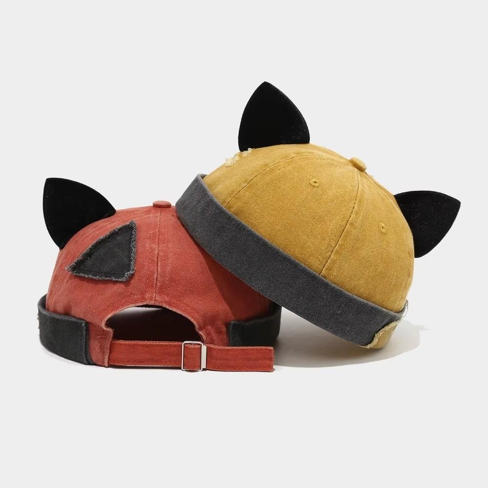 Unisex Cotton Cat Ears Brimless Hat Breathable Washed Old Beanie Hat Solid Color Beanie Cap