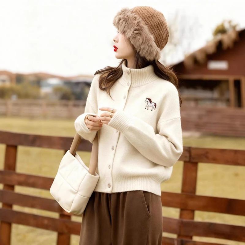 Turtleneck Sweater Cardigan Autumn and Winter Loose Commuting Knitted Jacket Onesize