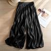 Damen Elastische Hohe Taille Schimmernde Falten Weiter Bein Verkürzte Hosen Fließende Durchsichtige Chiffon Caprihosen Leichte Sommerurlaub Lässige Lockere Hosen