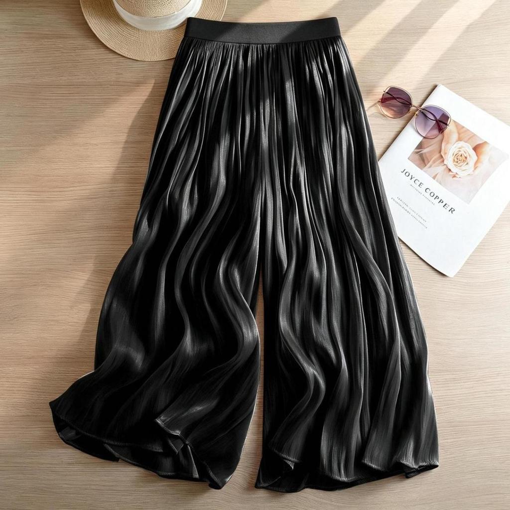 Damen Elastische Hohe Taille Schimmernde Falten Weiter Bein Verkürzte Hosen Fließende Durchsichtige Chiffon Caprihosen Leichte Sommerurlaub Lässige Lockere Hosen