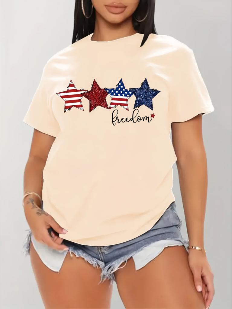 Dámske tričko s patriotickou potlačou hviezd  Boho top s krátkym rukávom s dizajnom americkej vlajky  Červené trblietavé hviezdy Text Freedom Ležérny