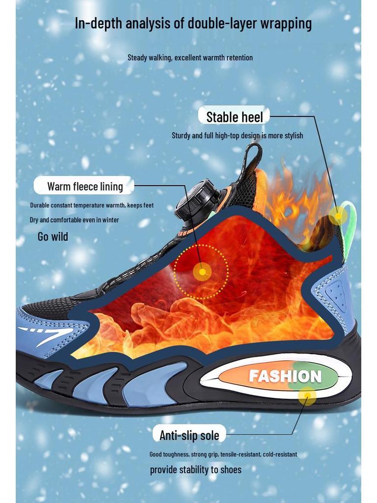 Kids' Rotating Button Sneakers - Leather, Velvet-Lined for Autumn & Winter