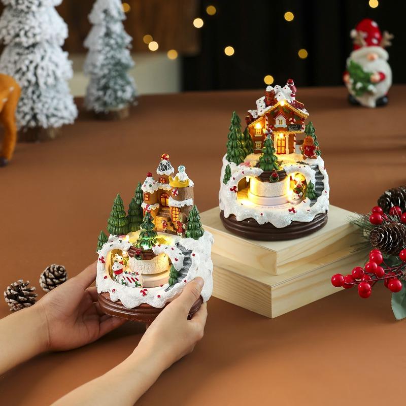 Christmas House Village Electric Music Box Glowing Christmas Snow Village Santa Claus House Miniature Ornaments Xmas Decor