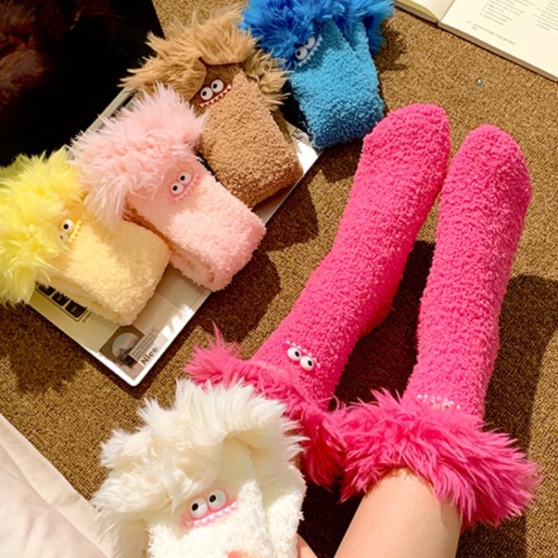 Crazy Big Mouth Monster Plush Socks Thickened Coral Fleece Cartoon Sleep Socks Winter Warm Soft Home Socks For Women Girls