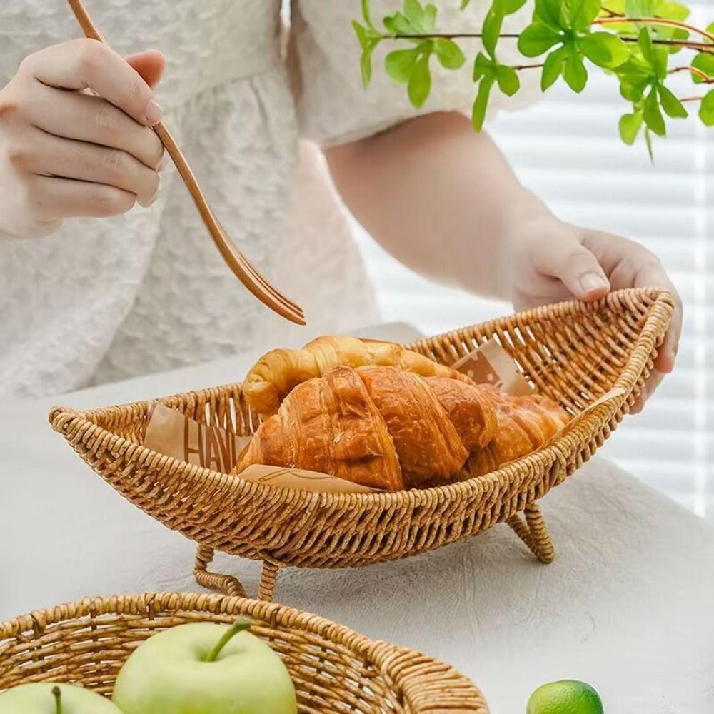Boat Shape Woven Snacks Serving Tray Handwoven Plastic Braided Fruit Organizer Food