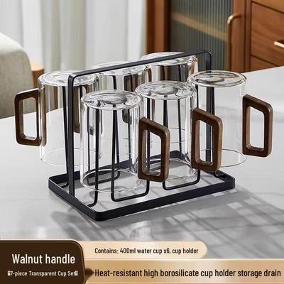 HANDUNYOU 400ml Glass Tea Cups with Wooden Handle, Set of 6 with Black Holder