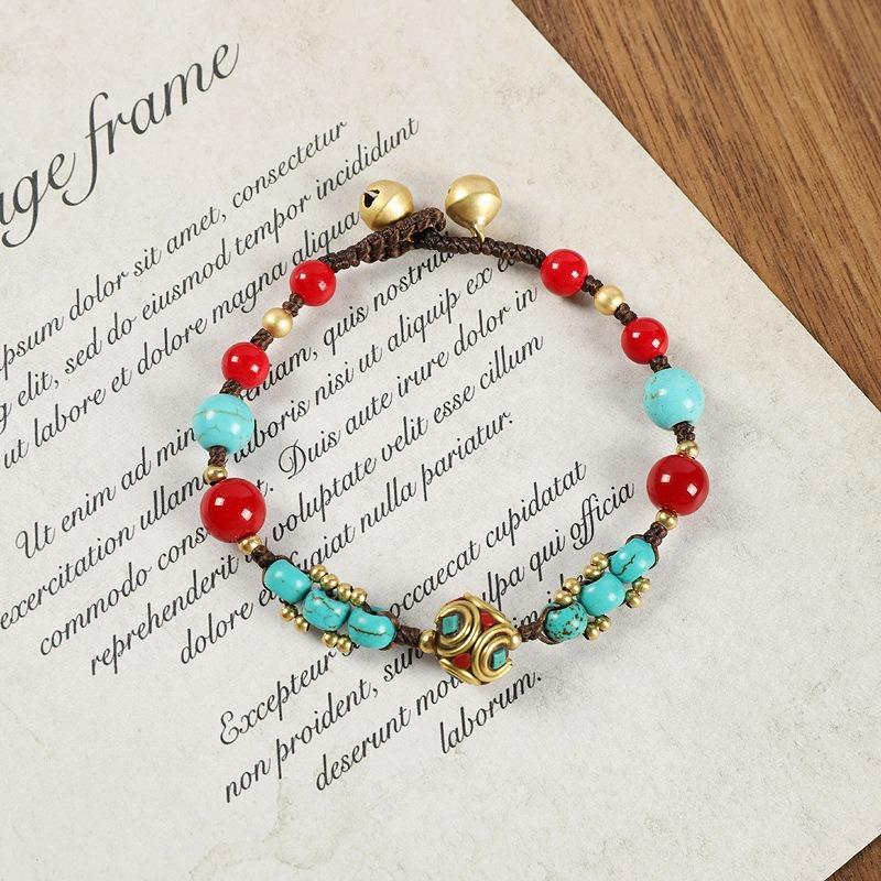 BLINGBAY Bracelet de Perles pour Femmes Rétro Népalais Bracelet de Perles de Cuivre Ancien pour Femmes Style Ethnique Tibétain Personnalité Simple Tressé Bleu Bracelet Cadeau