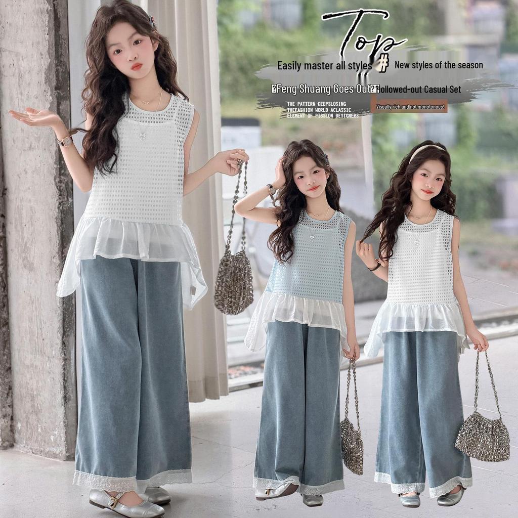 Girls' Korean Style Summer Lace Camisole & Jeans 3-Piece Set