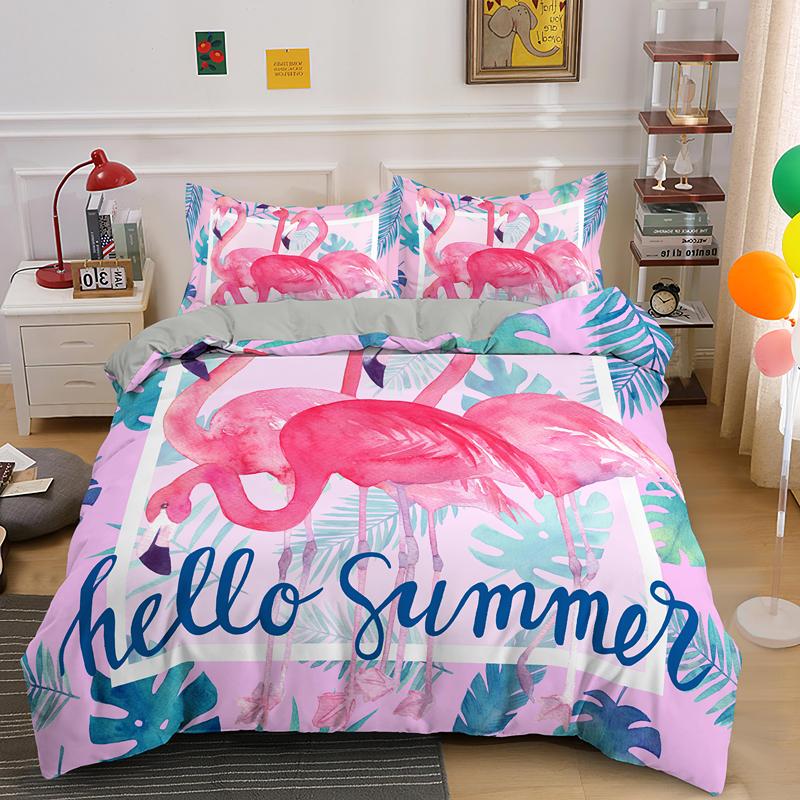 Animal Flamingo King Queen Duvet Cover Cartoon Pink Tropical Bird Bedding Set For Kids Teens Aduls Blue Soft 2/3pcs Quilt Cover