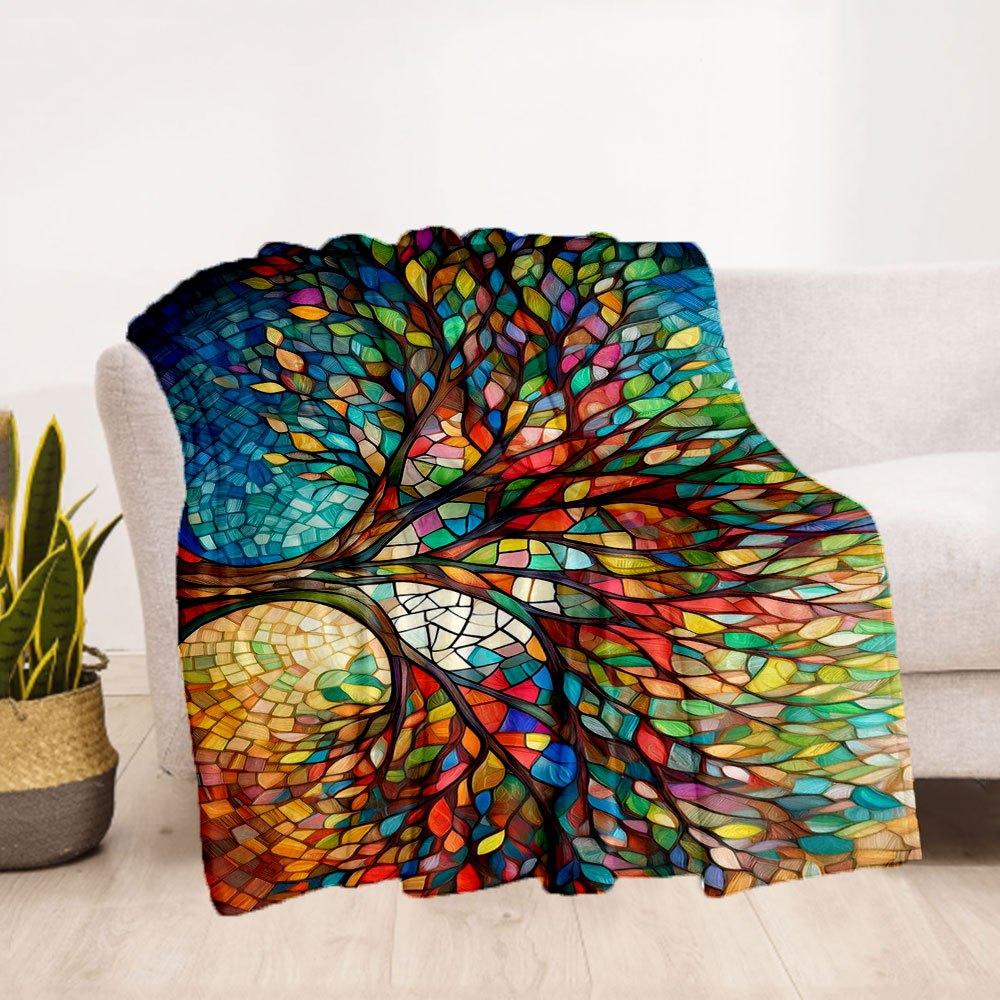 "Colorful Stained Glass Tree Wall Art Print"Blanket Flannel Throw Blanket for Sofa, Bed, Travel, Camping, Office, Couch, Chair, And Bed Gift