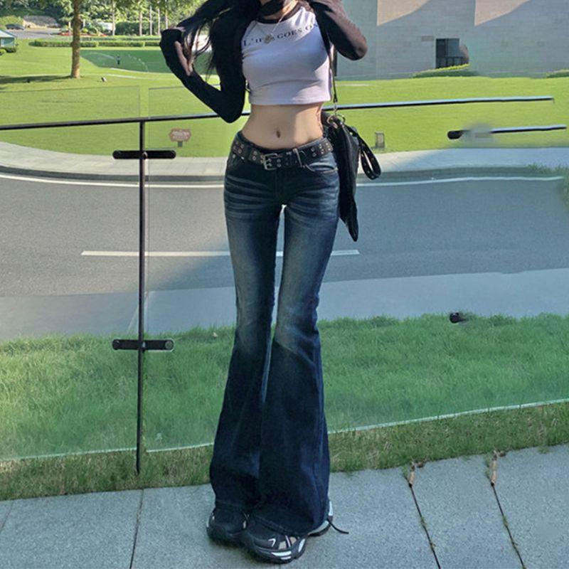 Spice girl elastic low-rise jeans women's small new American slim-fitting and thin retro straight-horn trousers