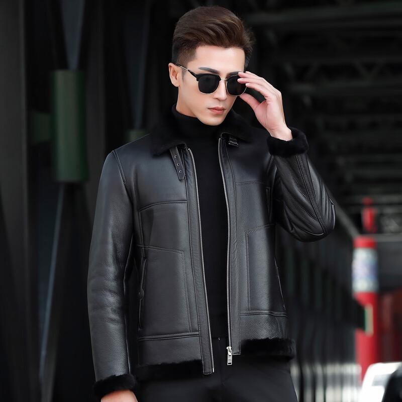 Men's Winter Shearling Leather Biker Jacket with Lapel