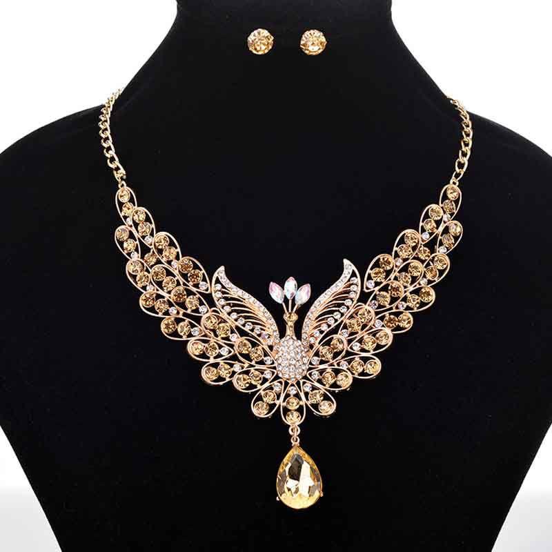 Exquisite Retro Peacock Necklace With Colorful Ear Studs Rhinestone Jewelry Set