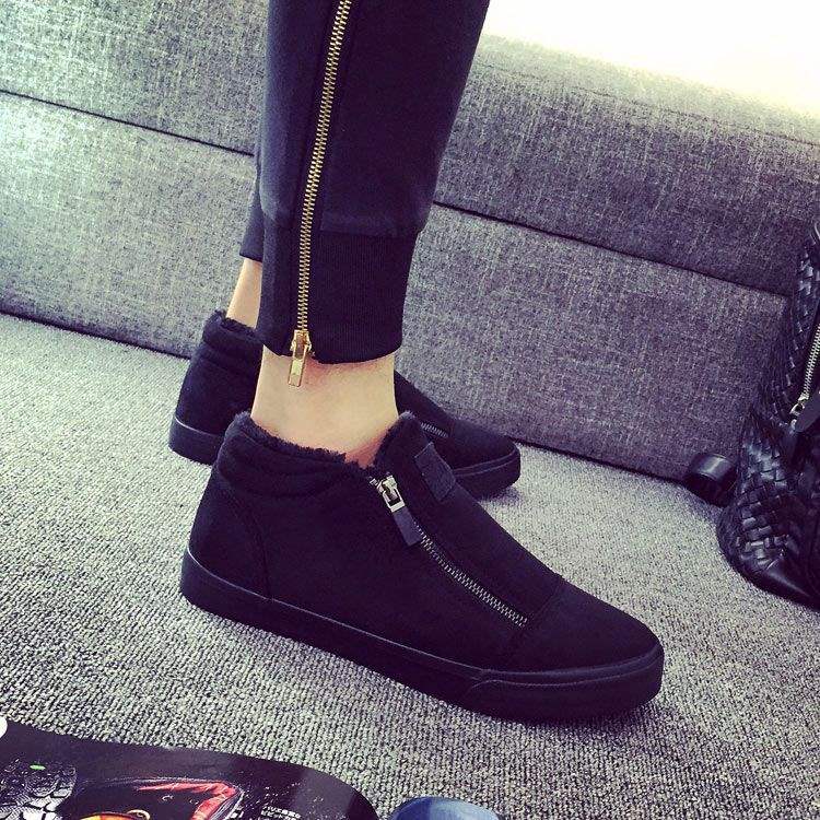 Boys Board Shoes Korean Version of High-top Espadrilles Side Zipper Foot Cover Black Teen Tide Student Winter Velvet Cotton Shoes