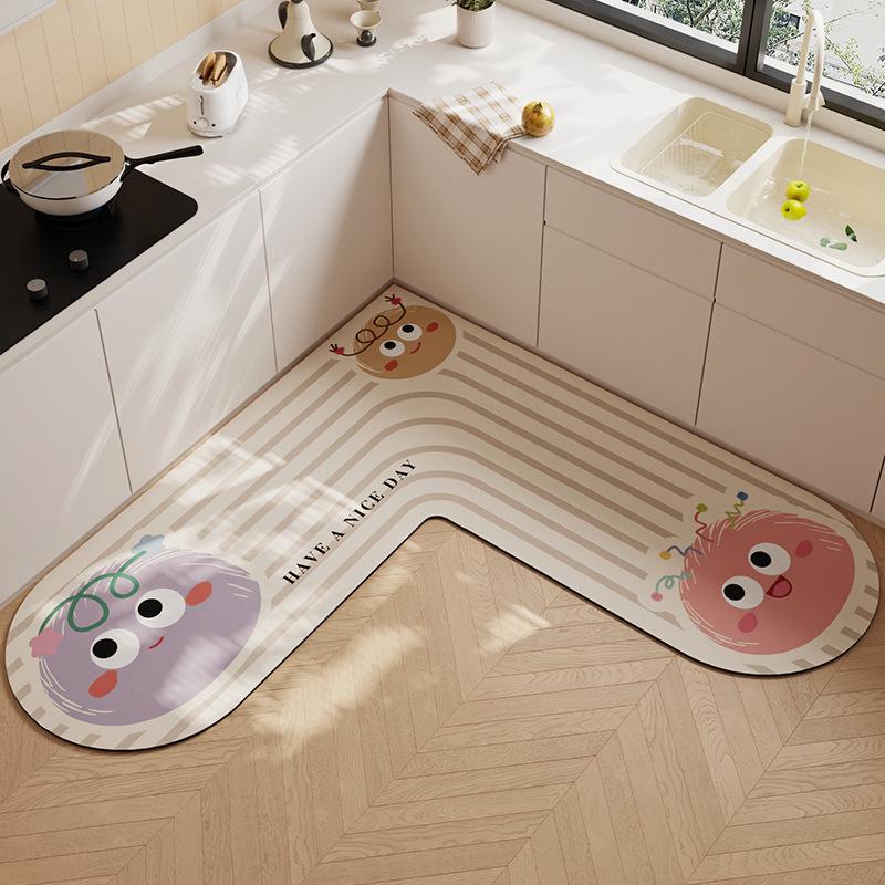 L-Shaped Non-Slip Diatomaceous Kitchen Floor Mat - Cartoon Design, Wear-Resistant, Easy To Clean, Water Absorbent.