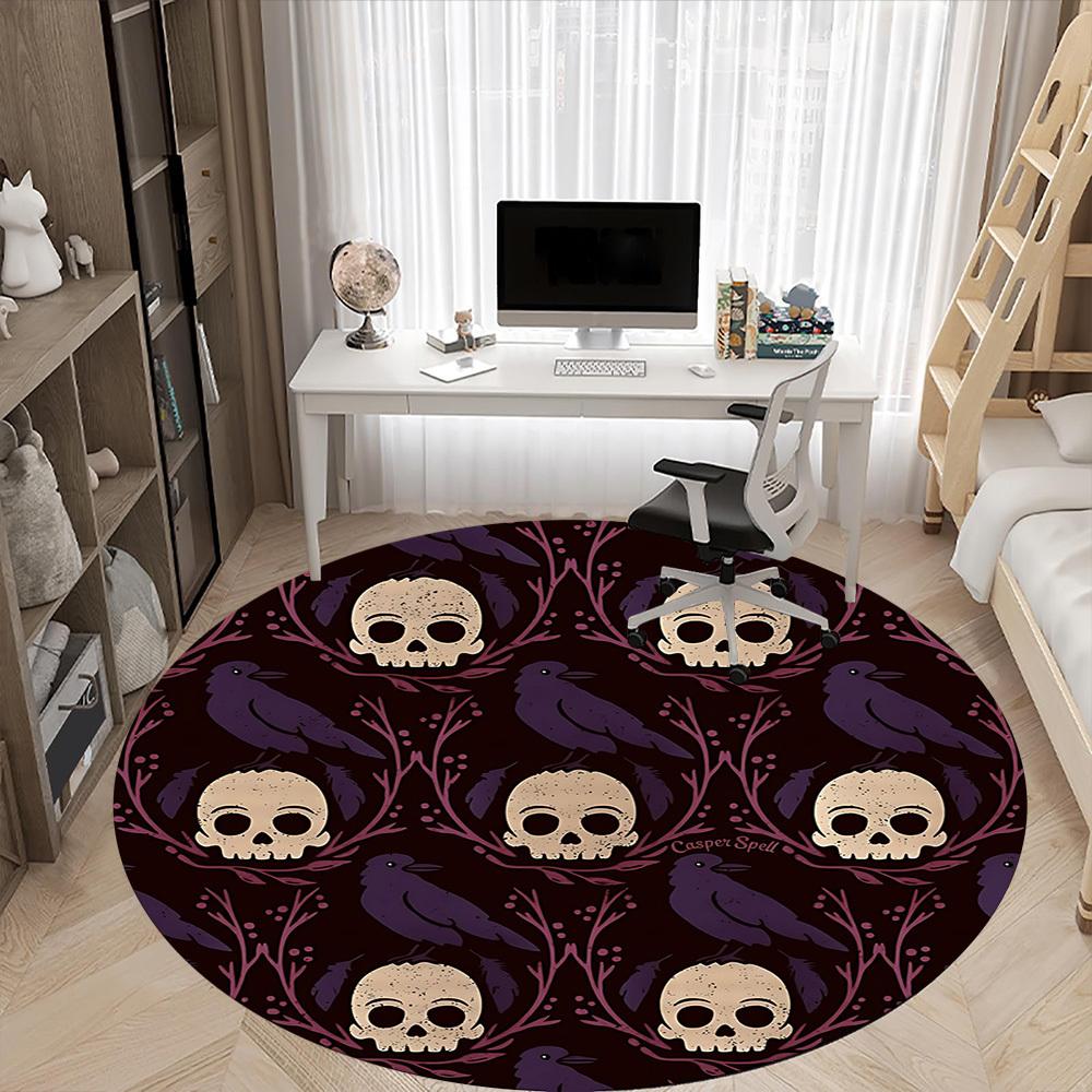 1pc Skulls Ravens Office Round Area Rug, Indoor Mat Suitable For Office, Under Office Chairs Bedroom Living Room Home Decor, Room Deco169