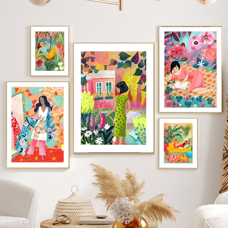 Wall Art Prints Canvas Painting Bohemia Colorful Vintage Abstract Girl Botanical Nordic Poster Decor Pictures For Living Room