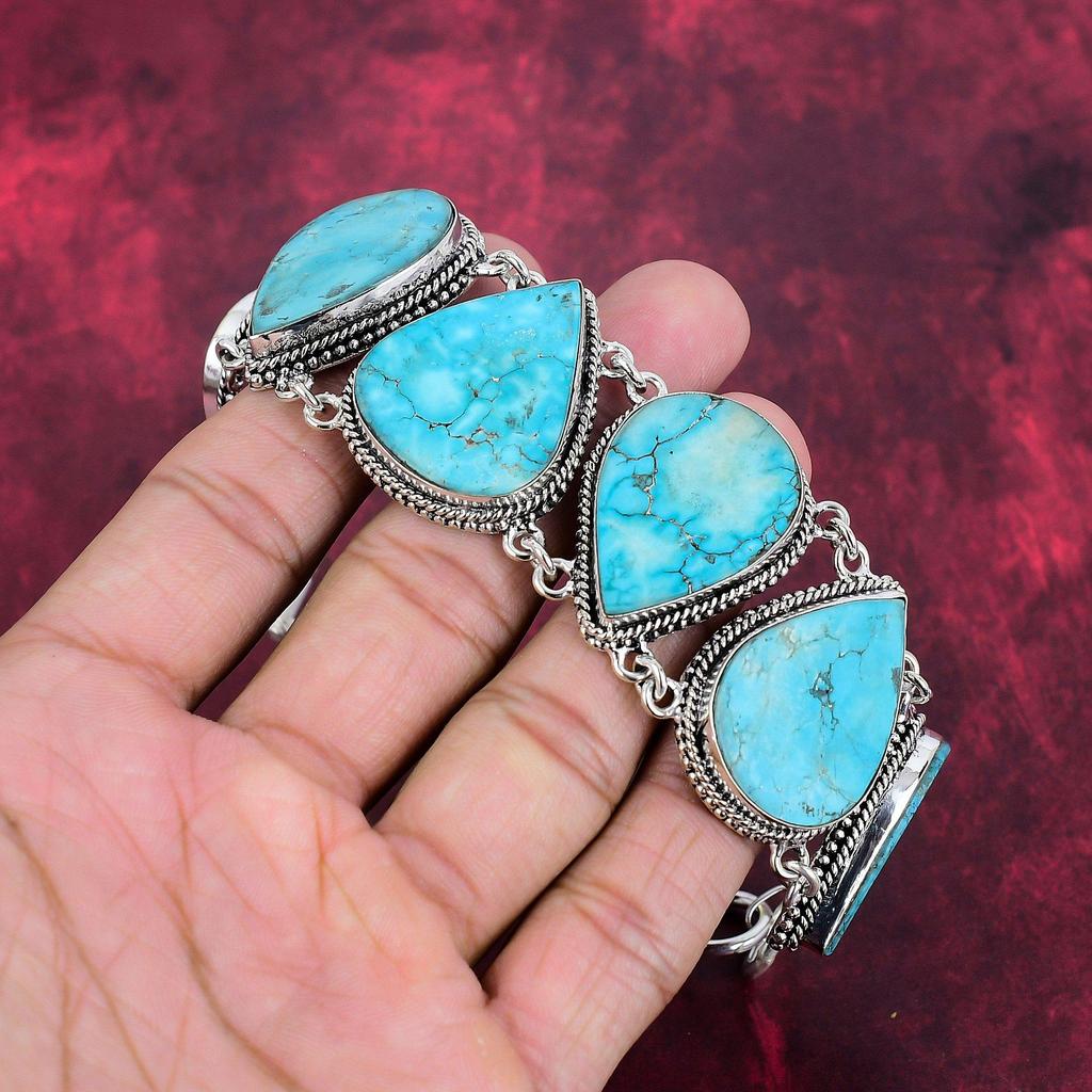 Brățară cu pietre prețioase lucrate manual turcoaz albastru, brățară de bijuterii antice din argint solid 925, pentru cadou de logodnă