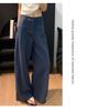 Women's High-Waisted Dark Blue Cotton Linen Wide-Leg Pants