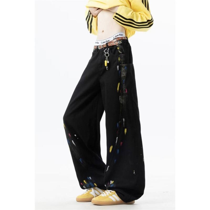 Graffiti Jeans Men Women Straight Leg Loose Flared Wide Pants American Style Cleanfit