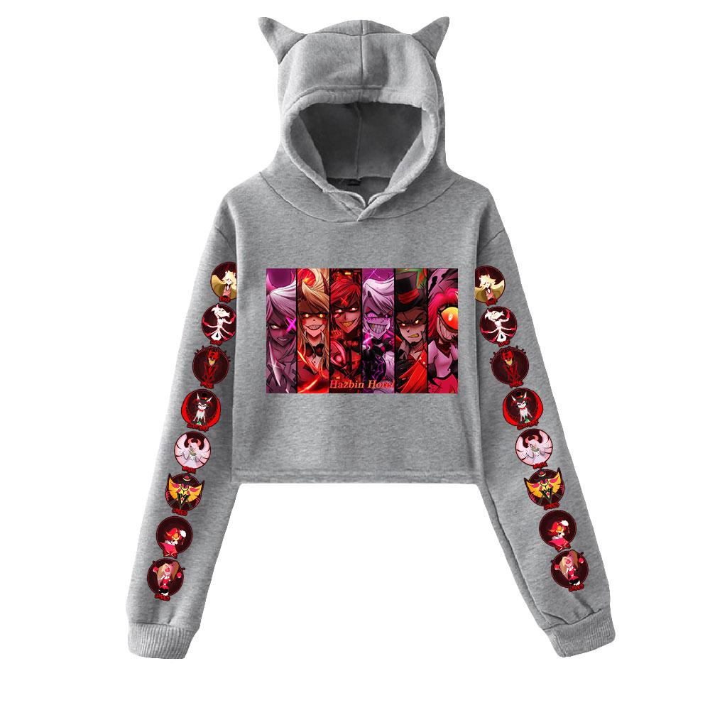 Moletom com capuz feminino sexy streetwear manga comprida cropped top hazbin hotel desenho animado estampado moletom com capuz