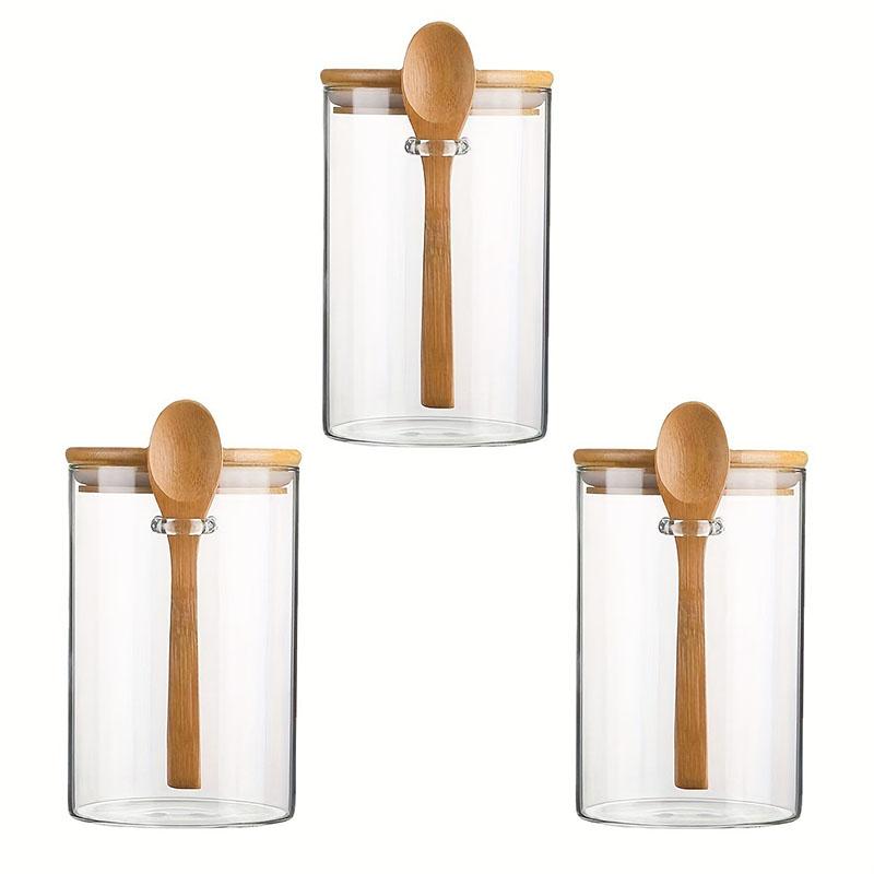 Bamboo Lid with Spoon Sealed Jar Household Glass Storage Jar Tea Jar Coffee Bean Storage Jar Seasoning Jar Milk Powder Jar