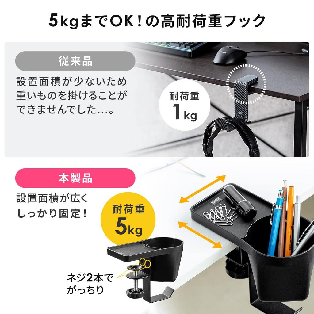 Přímý držák nápojů Sanwa Stolní držák na sluchátka Závěs na tašku Závěs Svorka Typ Kovová Nosnost 5 kg Bílá 200-STN063W