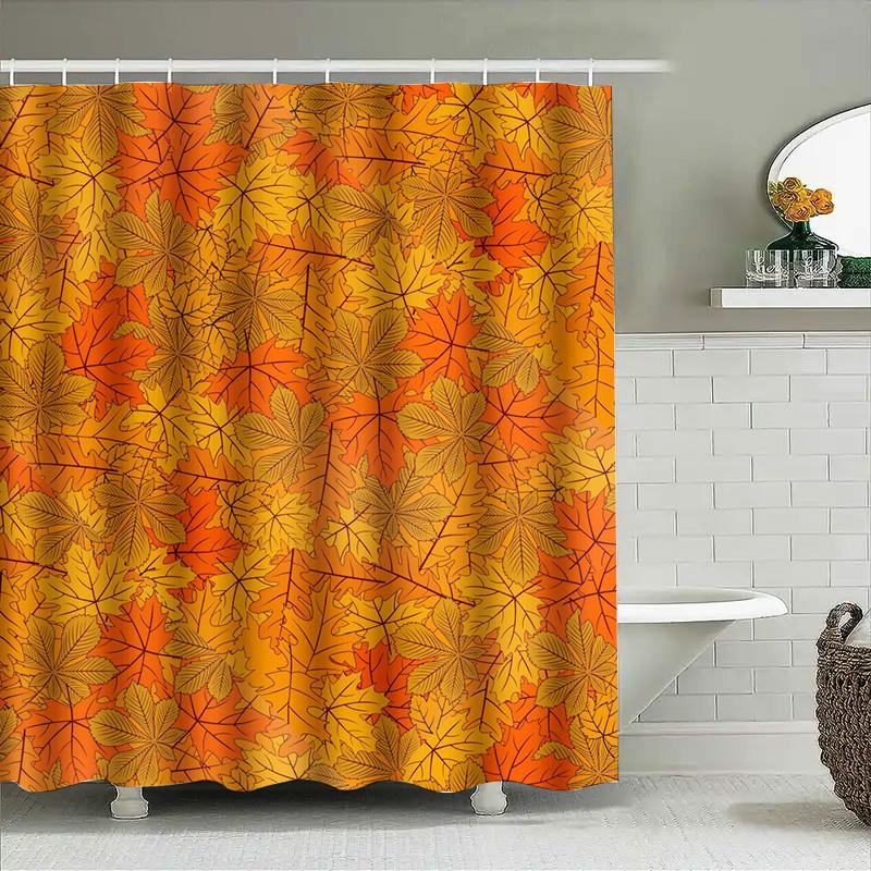 Herbstblätter Duschvorhang Rustikale Badezimmerdeko Orange Blumendruck Wasserdichter Stoff Für Diesen Herbst-Themen-Duschvorhang Wou
