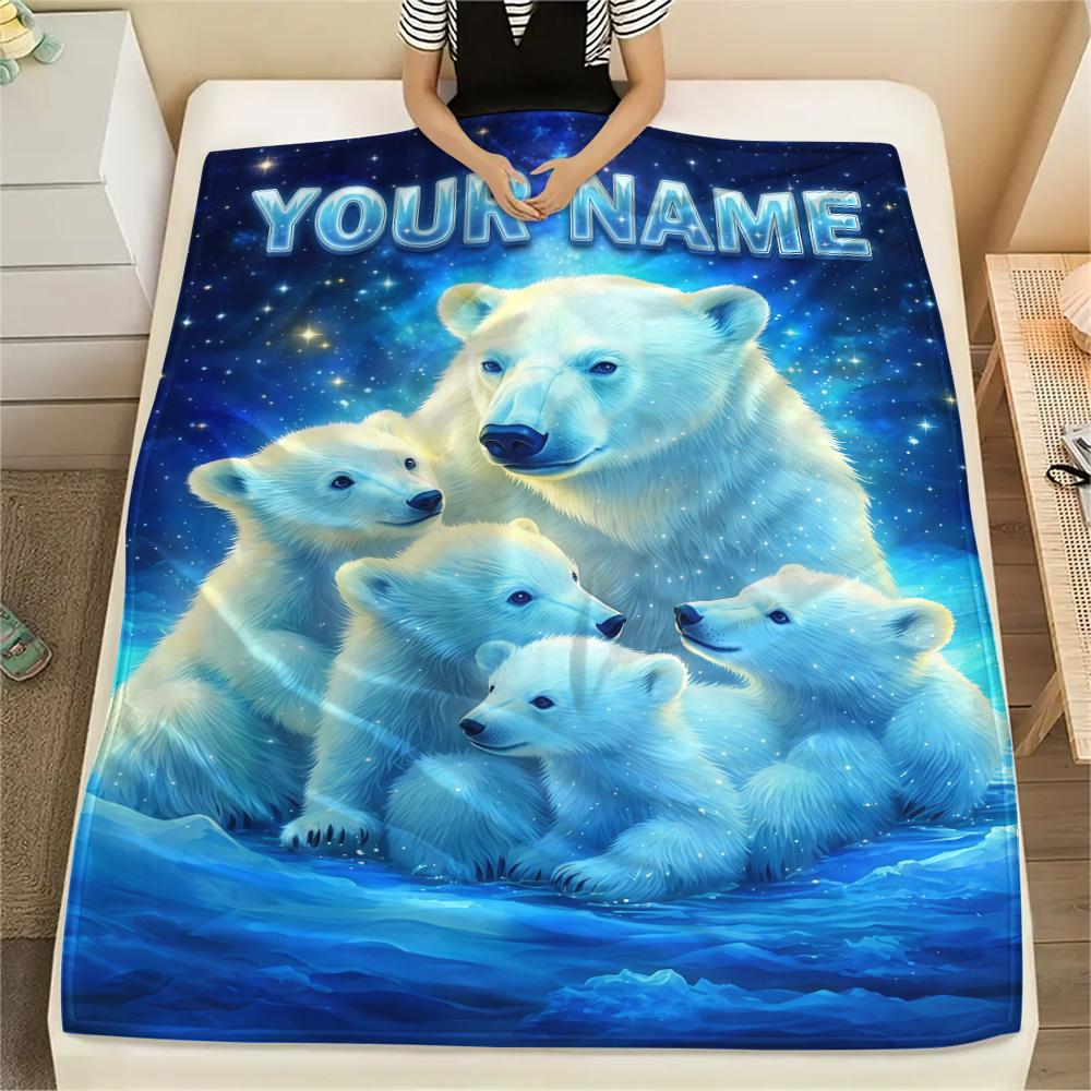1PC Custom Name Polar Bears Winter Patterned Flannel Blanket Suitable For All Seasons for Home Decor Warmth and Comfort Gifts Holiday Present_lx