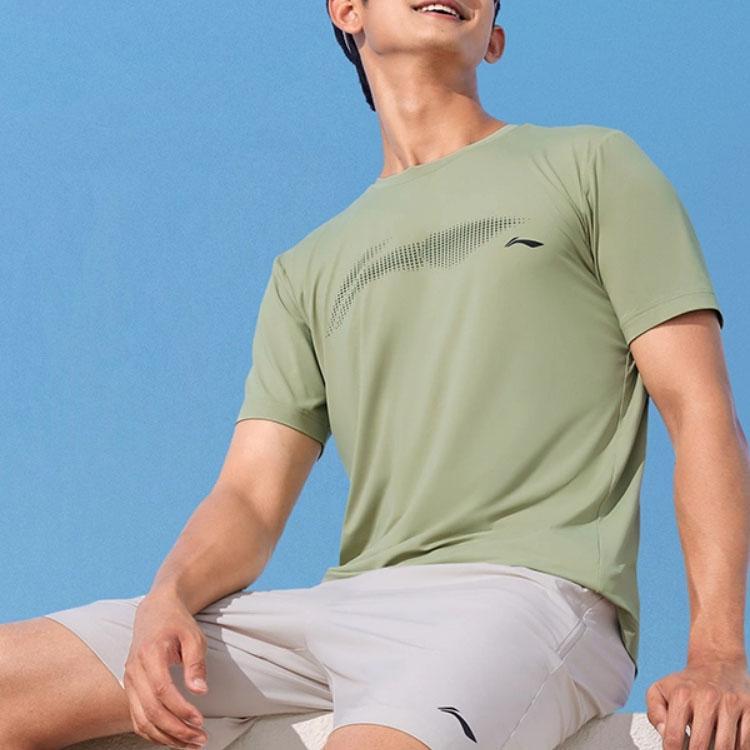 Li Ning Plain Round Neck Pullover Short Sleeve T-Shirt Men Tops Green ATST591-7