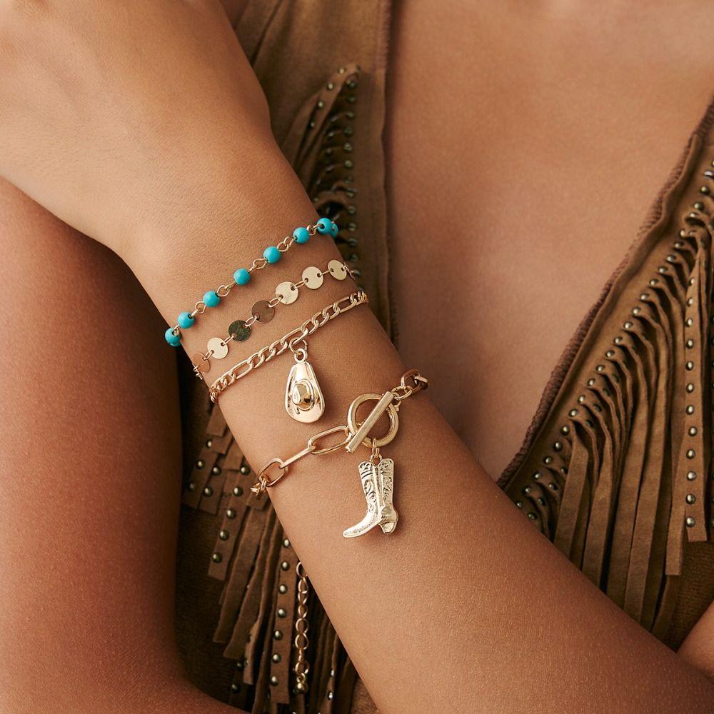 Ethnic Style Turquoise Stone Necklace Golden Multi-layer Necklace Retro Jewelry Set  Women