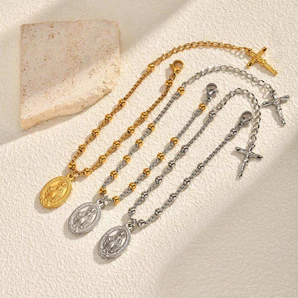 Religious Jesus Cross Rosary Bracelet for Women, Stainless Steel Virgin Mary Charms Bracelets Gold Plated Prayer Jewelry