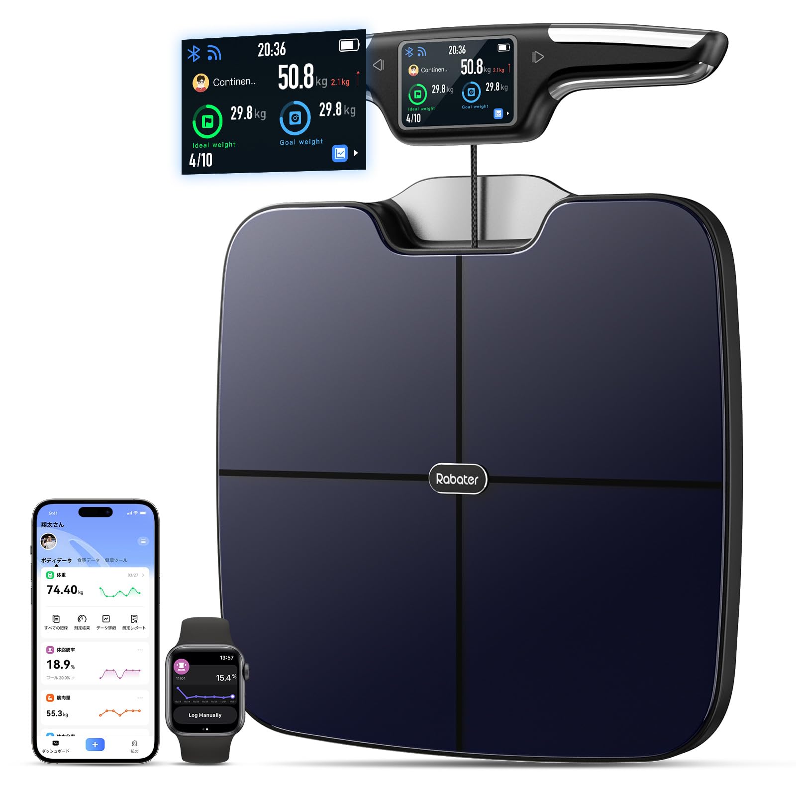 

Rabater Body Composition Body Fat Item Eight Dual Frequency BIA ITO High Sensitivity DEXA Correlation Over Measurement by Whole Body Smartphone WiFi чорний