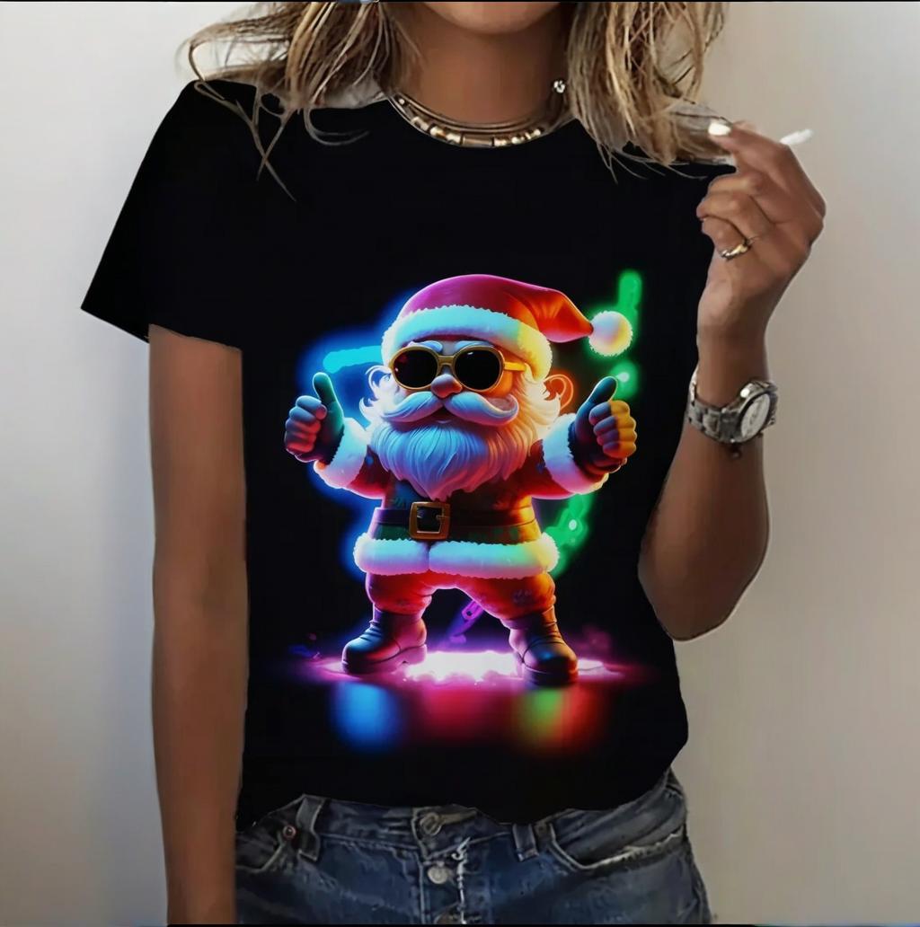 

Футболка с принтом Санта-Клауса для женщин, рождественская уличная одежда Harajuku, модный топ с коротким рукавом и круглым вырезом, новогодний подарок, большие футболки 3XL