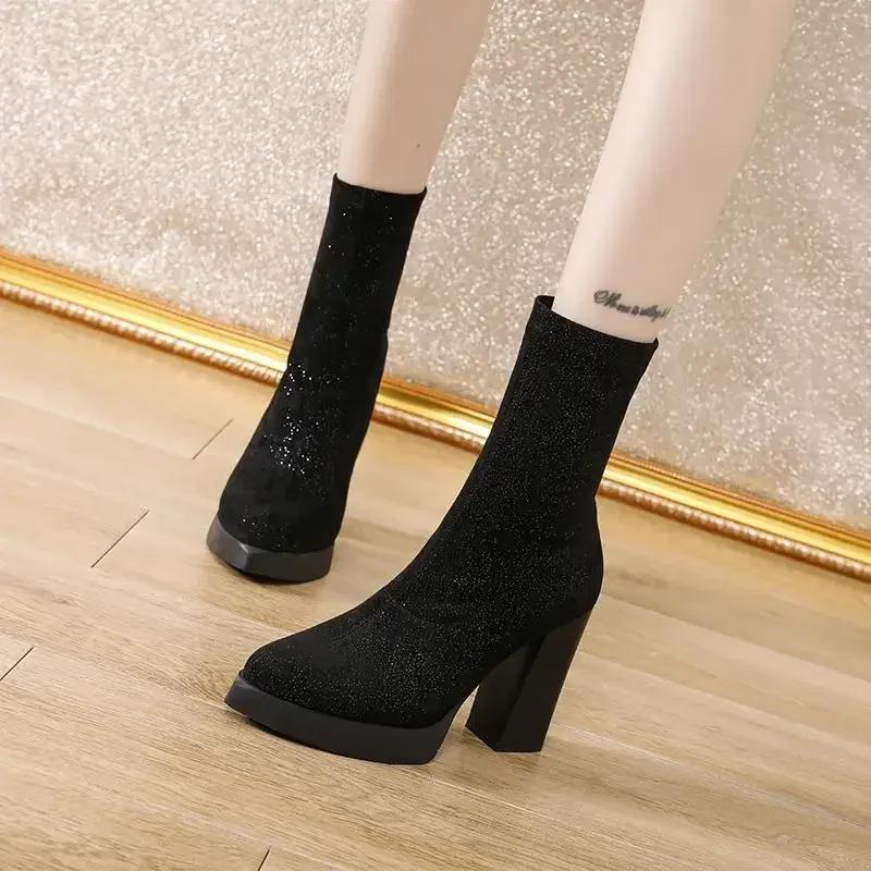 Booties Very High Heels Women's Ankle Boots Heeled Waterproof Winter 2024 Pu Designer Luxury New In Female Short Shoes Footwear