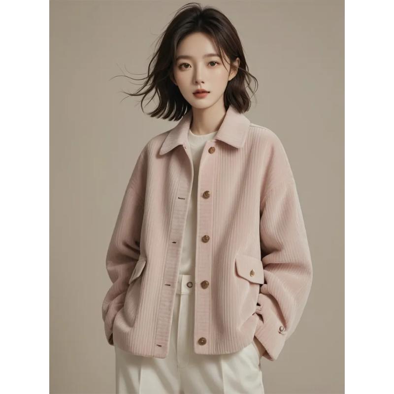 

Lapel Buttoned Solid Color Long-sleeved Cardigan Jacket for Women Autumn and Winter Fashionable Casual Tops M рожевий