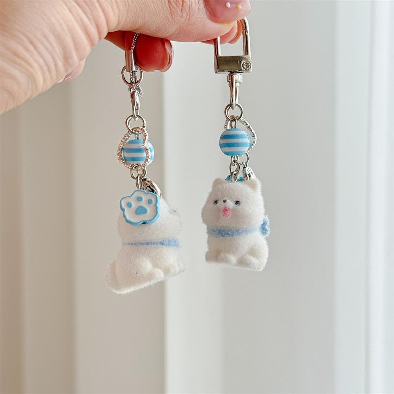 Cute Sweet Flocked Puppy Samoyed Dog Phone Chain Lanyard Ccd Camera Charm Accessories Girly Keychain Pendant Bag Ornaments Gifts