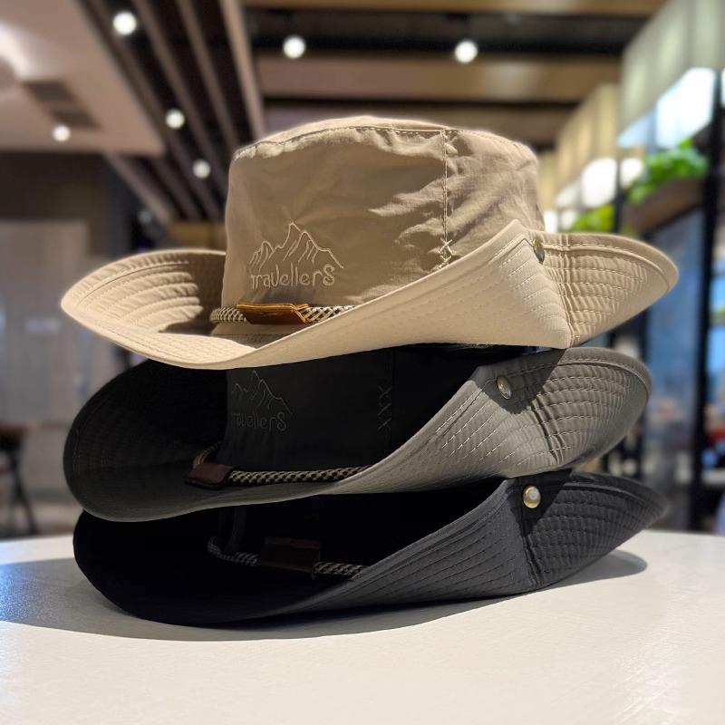 Chapéu de Pescador Masculino Bordado com Letra Etiqueta de Couro Chapéu de Cowboy Impermeável para Uso ao Ar Livre Caminhada Pesca Aba Leve de 8cm Chapéu de Sol Anti-UV
