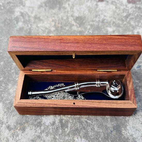 Brass Boatswain Whistle with Chain, Nautical Bosun Call in Wooden Box Home Decor