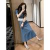 Fashion Foreign Style Lace Splicing Denim Shirt 1116 Summer New High-end Straight Skirt Two-piece Set